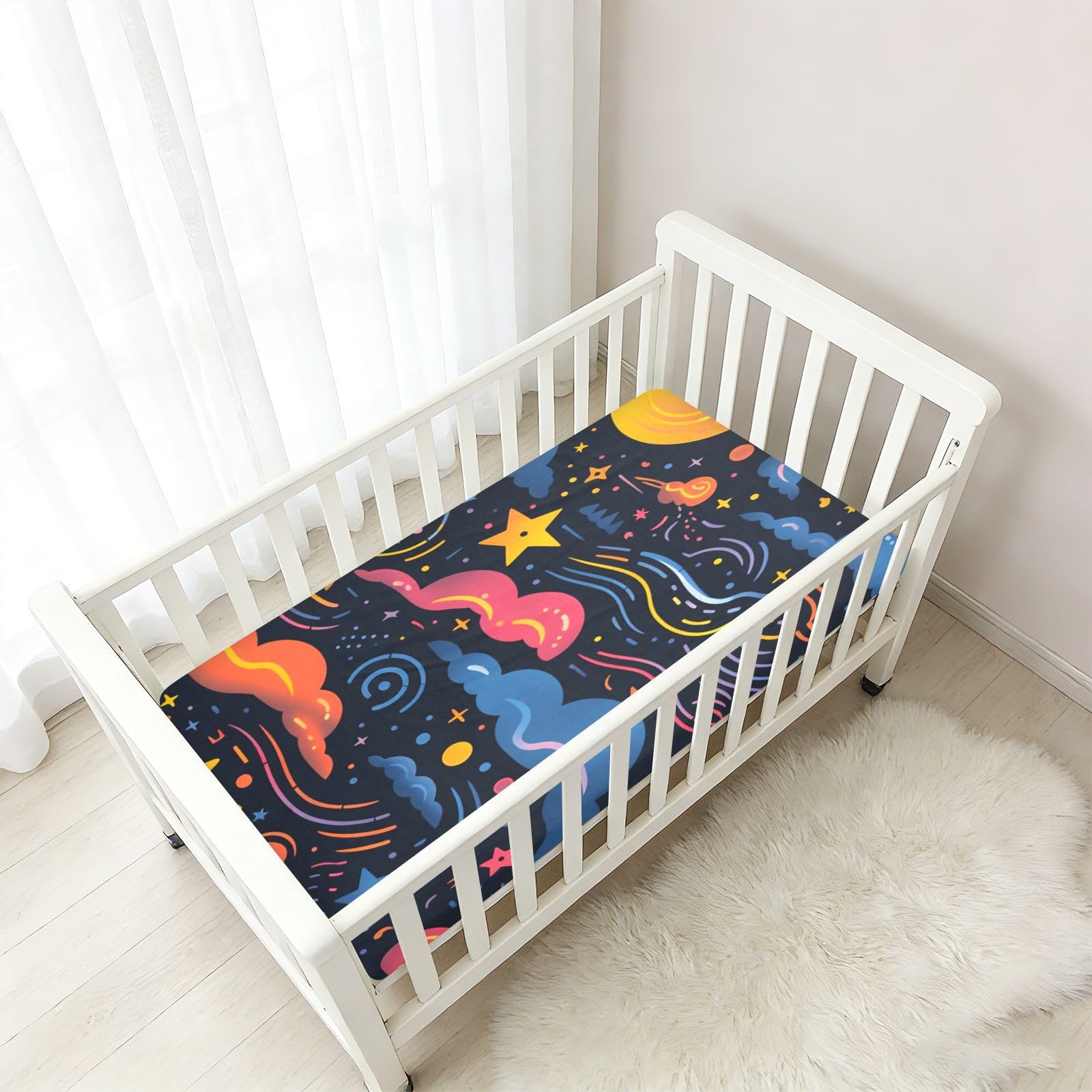 Dessin Animé éToiles Bleu Galaxie Drap Housse pour Lit BéBé en Coton Doux,Adapté au Matelas Parc