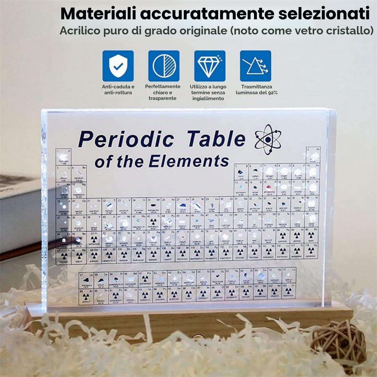Tavola Periodica Degli Elementi con Elementi Veri,con 83 Elementi Reali All'Interno,Display Della Tavola Periodica in Acrilico con Base di Luci a LED Colorate,Strumento Didattico Elementi