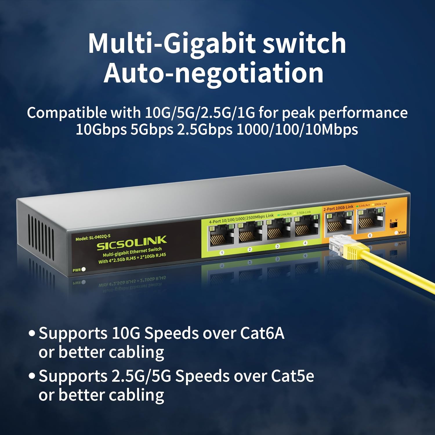 10Gb Ethernet Switch unmanaged with 2*10G RJ45 Uplink+4*2.5G Base-T Ports, Fanless & Vlan SICSOLINK 6 Port 10Gbps Network Switch for 2.5/10 Gigabit AP, NAS, PC