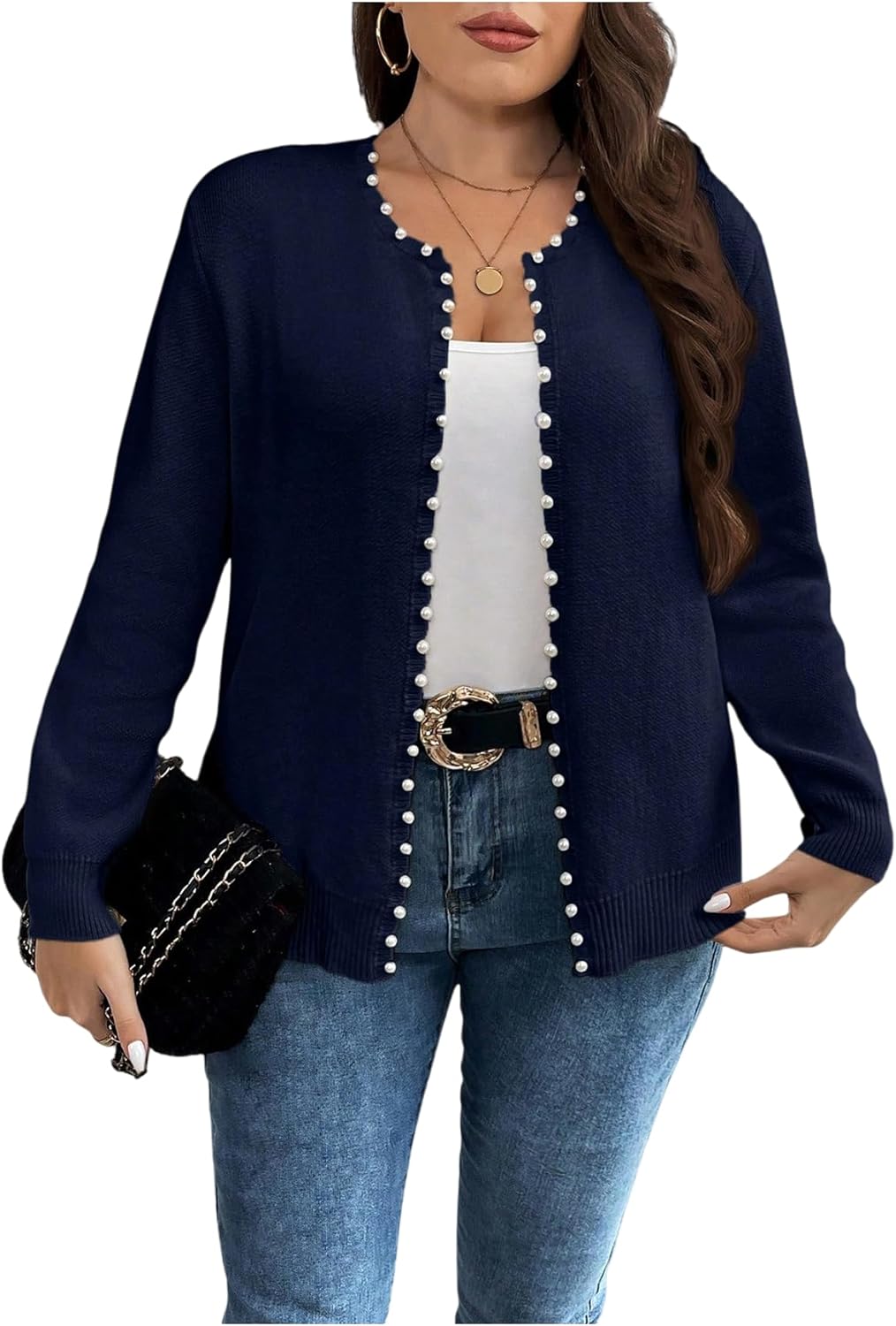 Women's Plus Size Pearls Beaded Cardigan Open Front Long Sleeve Casual Sweater Top