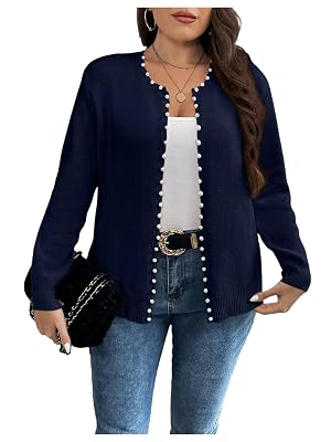 Womens Plus Size Pearls Beaded Cardigan Open Front Long Sleeve Casual Sweater Top