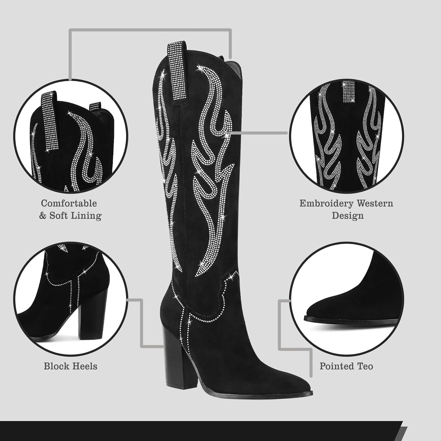 Celbreez Cowboy Boots for Women Cowgirl Boots Women Suede Knee High Boots Rhinestones Embroidered Western Boots Pointed Toe Chunky Heel Side Zip Festival Country Concert Shoes - Image 6