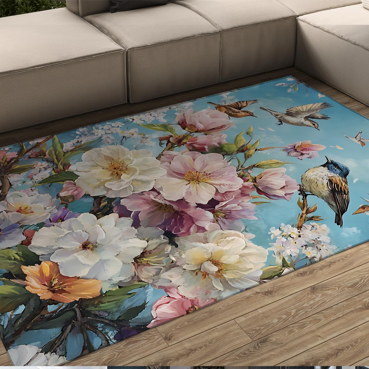 Tapis de sol salon style chinois Asie vintage fleur facile à nettoyer 140x200cm