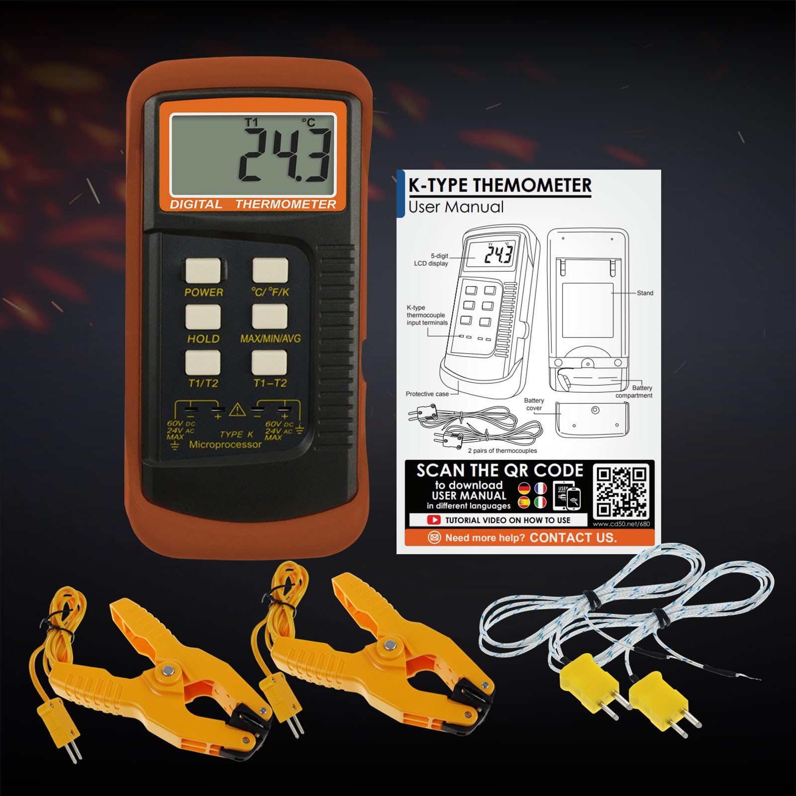 Termómetro digital de dos canales K (-50~1300 °C) Pinzas de temperatura y sondas cableadas, medidor de alta precisión Kelvin