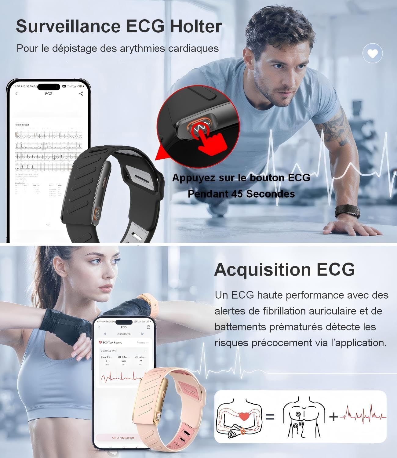 Bracelet Connecté, Smartband avec ECG, VFC, Sommeil, Pulsomètre, SpO2