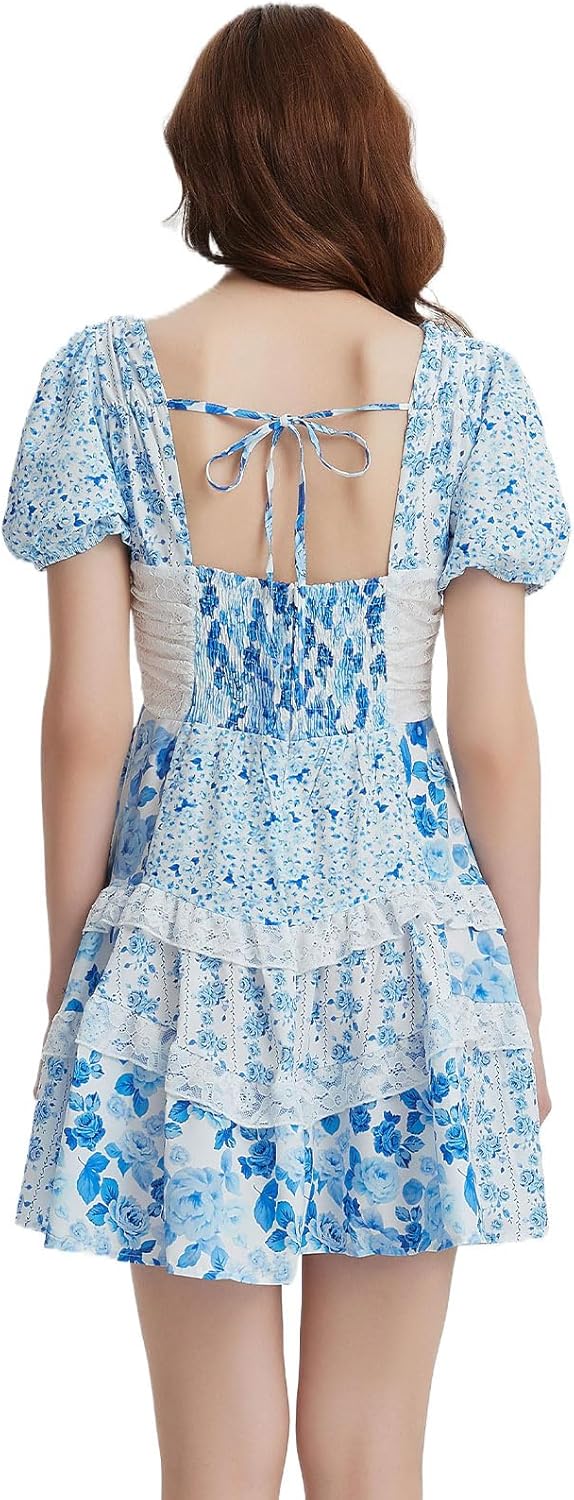 hibshaby Women's Floral Patchwork Dress V Neck Lace Layered Ruffle Flowy Babydoll Dress Puff Sleeve Tiered Mini Sundress - Image 2