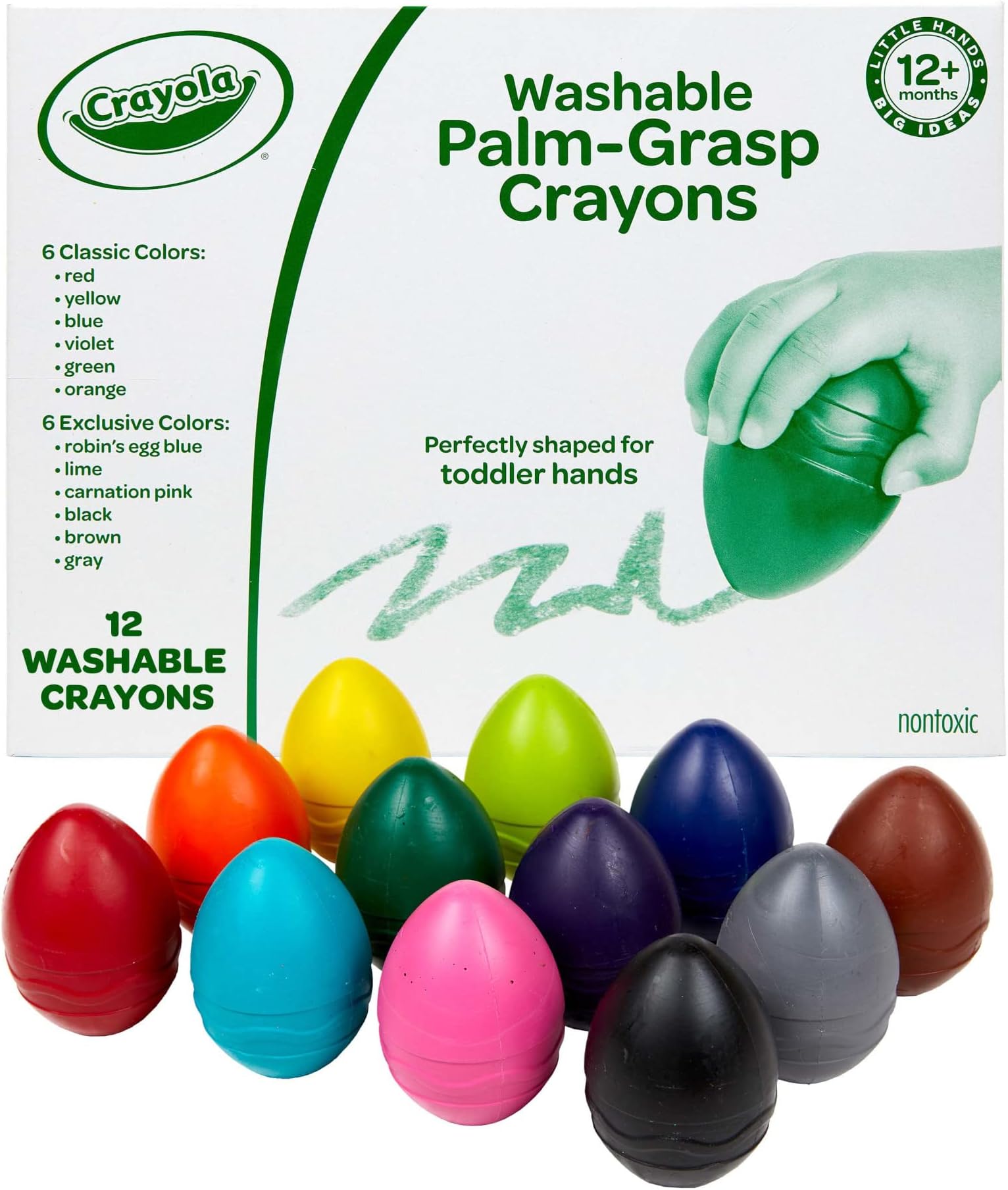 Toddler Crayons in Egg Shape (12ct), Jumbo Washable Big Crayons, Toddler Toys, Nontoxic, Ages 1+, Multi