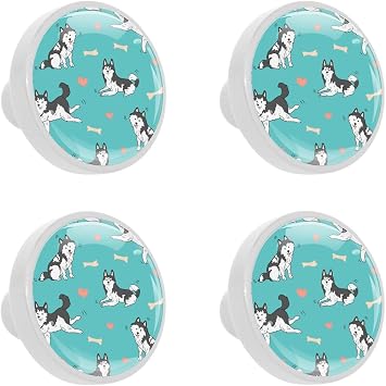 4 Pack Kitchen Cabinet Knobs, Drawer Knobs, Dresser Knobs, Drawer Pulls, Dresser Drawers, Handle Knobs, Cartoon Animal Husky Heart