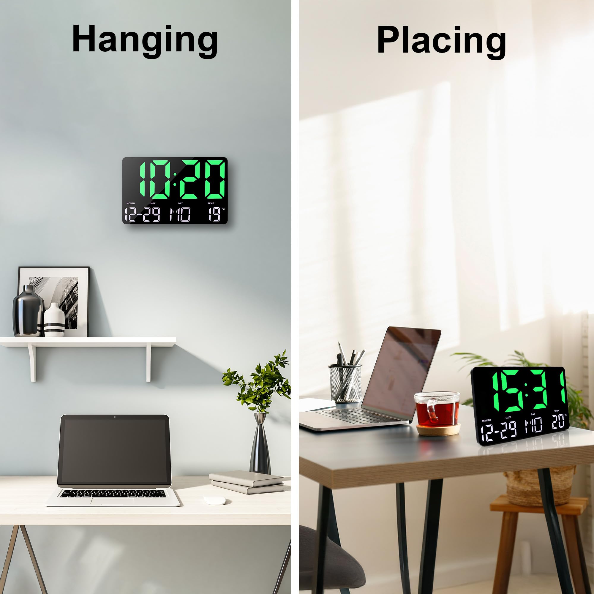 Lafocuse Horloge Murale Numérique LED 12" avec Télécommande, Température, Date, Alarme, Snooze, Luminosité Réglable, Vert