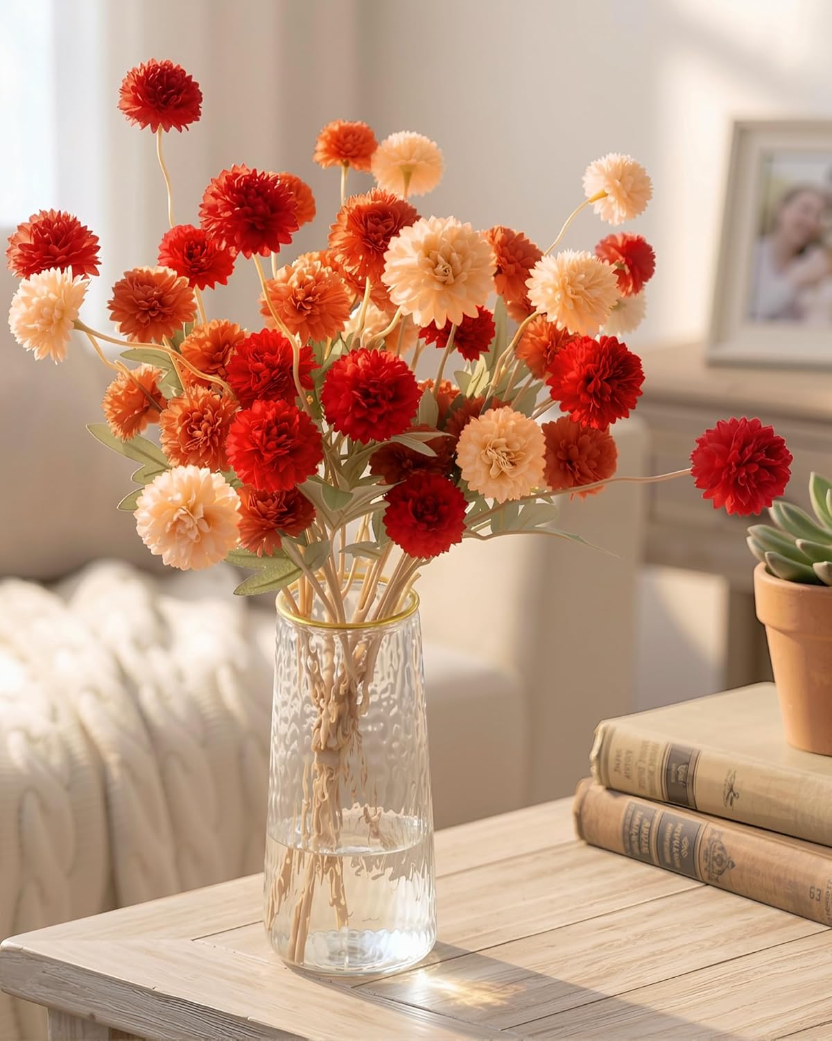 Artificial Pompon Mum Flowers with Stems for Vase, 8Pcs Fake Kiku Silk Mini Chrysanthemum Ball Faux Mum Home Decor, Spring Fall Centerpieces Arrangements, Filler DIY Bouquet(Red,Burnt Orange,Peach)