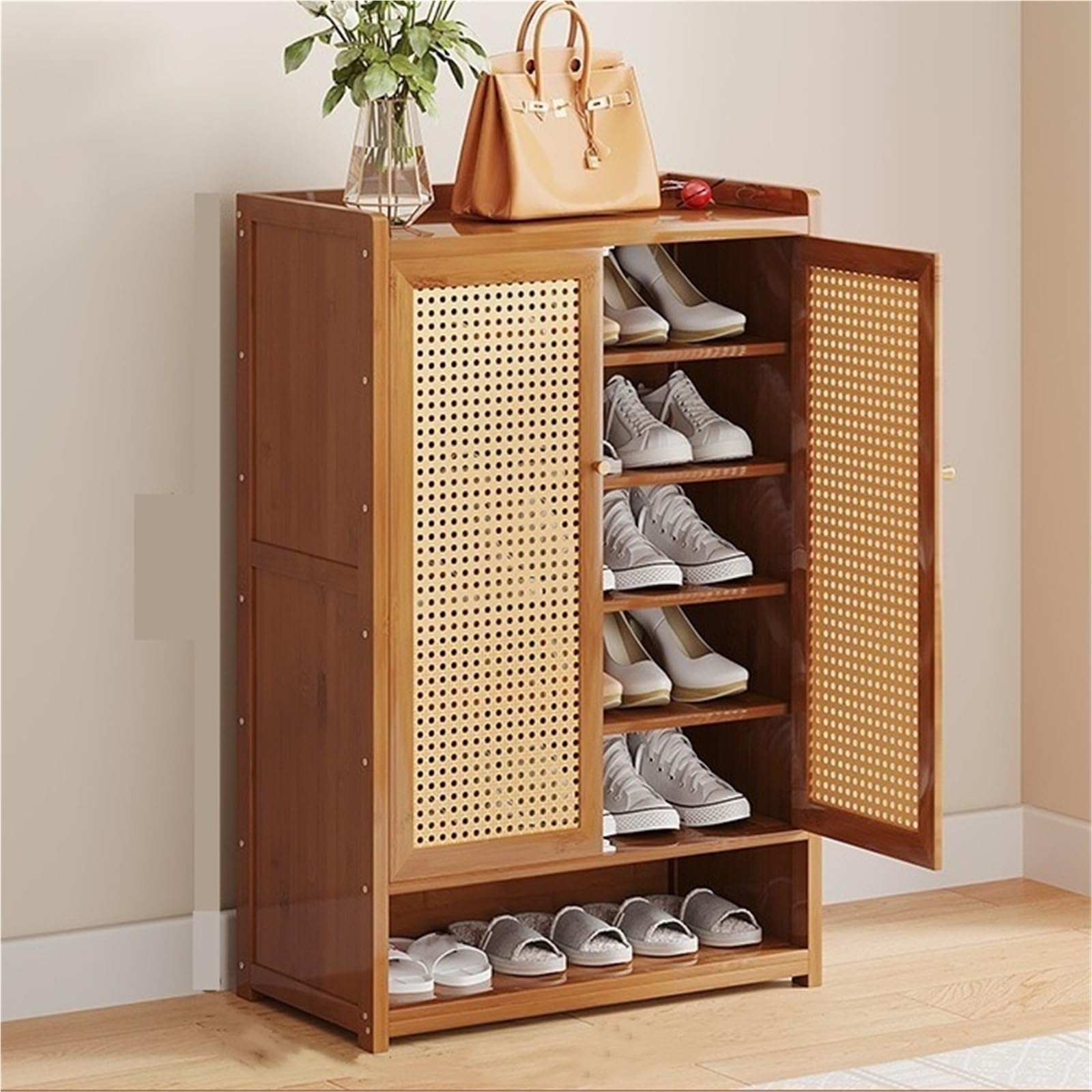 IvyLoutish Bamboo Shoe Cabinet with Doors & Open Storage Freestanding Shoe Rack Shoe Storage Organizer Shoe Shelves for Entryway Hallway,Freestanding Organizer