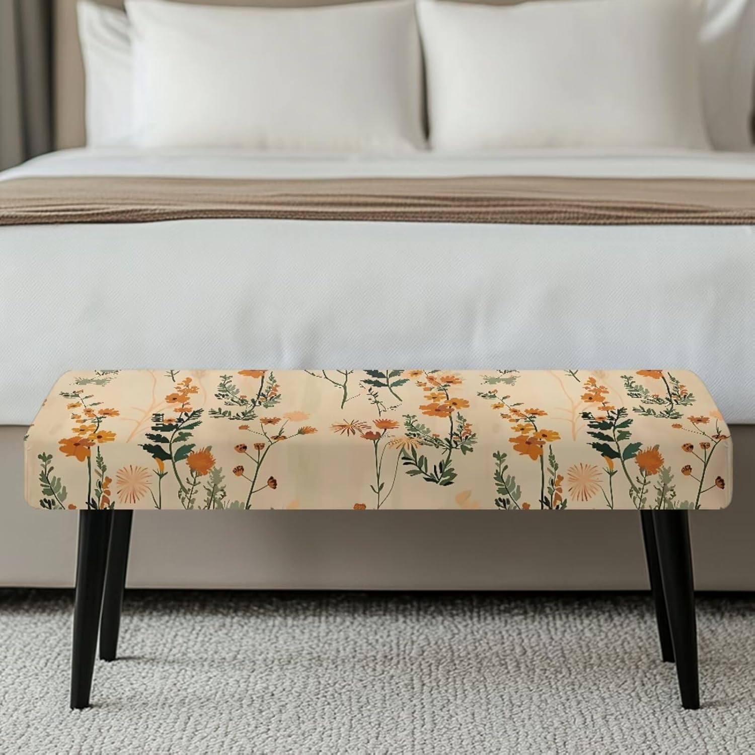 Beige Floral Dining Room Chair Covers Set of 4 with Bench Cover Washable Chairs Slipcovers No Arms Chair Covers for Dining Chairs Stretch Kitchen Chairs Seat and Back Cover