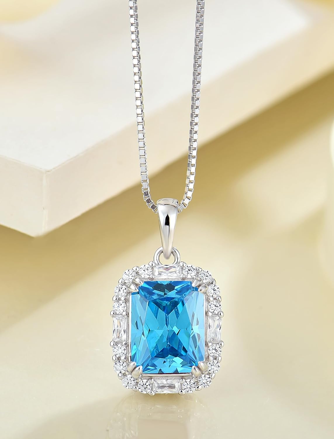 Princess Cut Necklaces for Women, 925 Sterling Silver Emerald Cut Birthstone Pendant Necklace Halo Square Rectangle Jewelry Gifts for Her - Image 4