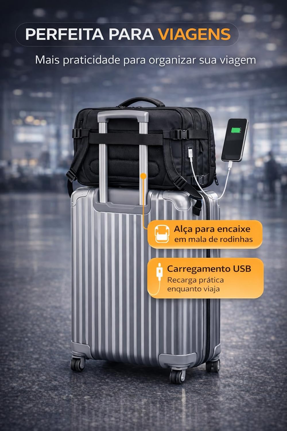 Mochila de Viagem Expansível e Impermeável com Cadeado Antifurto e Entrada USB, Grande Capacidade, Compartimento para Notebook, Reforçada, Ideal para Avião, Trabalho e Faculdade, Masculina e Feminina Mochila de Viagem Expansível e Impermeável com Cadeado Antifurto e Entrada USB, Grande Capacidade, Compartimento para Notebook, Reforçada, Ideal para Avião, Trabalho e Faculdade, Masculina e Feminina