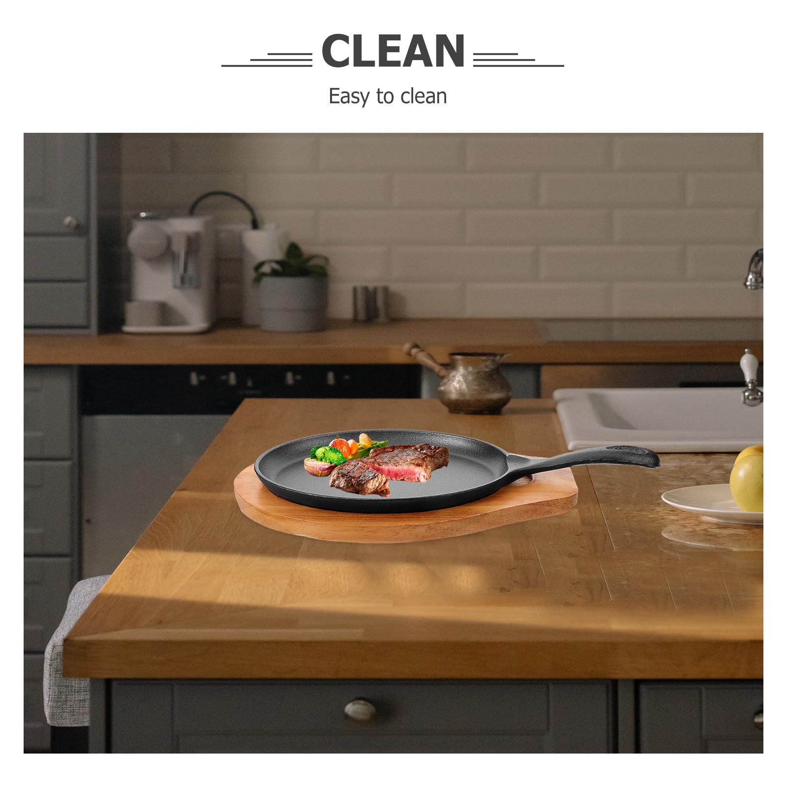 INOOMP Sartén de Hierro Fundido con Mango Único y Base de Madera, Multifuncional y Fácil de Limpiar para Uso Diario en Cocina del Hogar