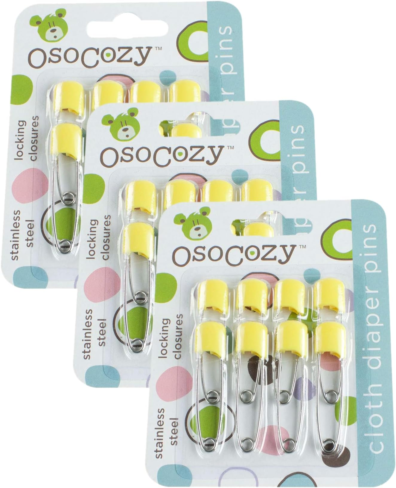 OsoCozy Diaper Pins - (Yellow) - Sturdy, Stainless Steel Diaper Pins with Safe Locking Closures - Use for Special Events, Crafts or Colorful Laundry Pins, 2.875 Inch x 0.25 Inch x 0.5 Inch(Pack of 3)