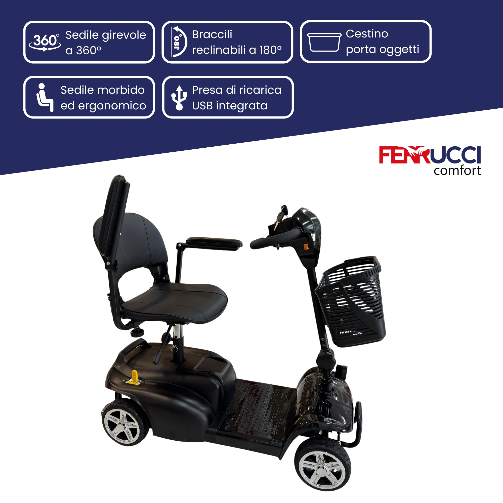 Scooter Elettrico per Disabili e Anziani Pieghevole per Persone con Mobilità Ridotta, Sedile Girevole 360°, Braccioli Ribaltabili, Cestino, Dotato di Presa di Ricarica, Dispositivo Medico Classe 1