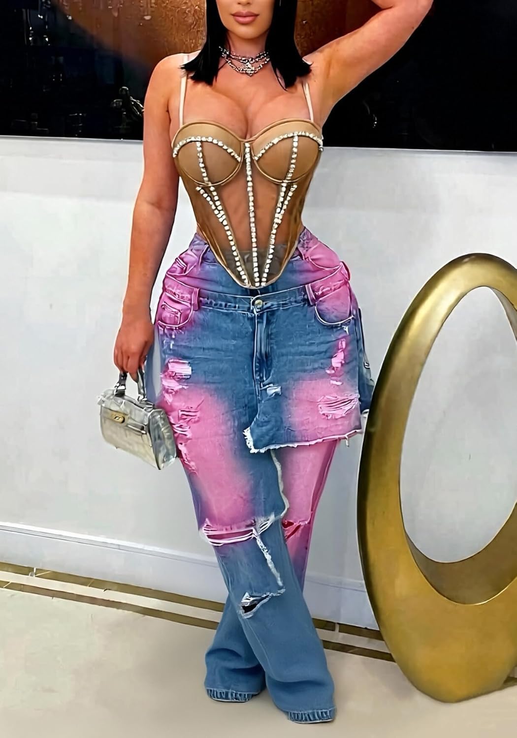 Unybwonn Women Cargo Jeans Ripped Patchwork Wide Leg Harem Denim Pants High Waist Raw Trim Baggy Y2k Trousers Streetwear
