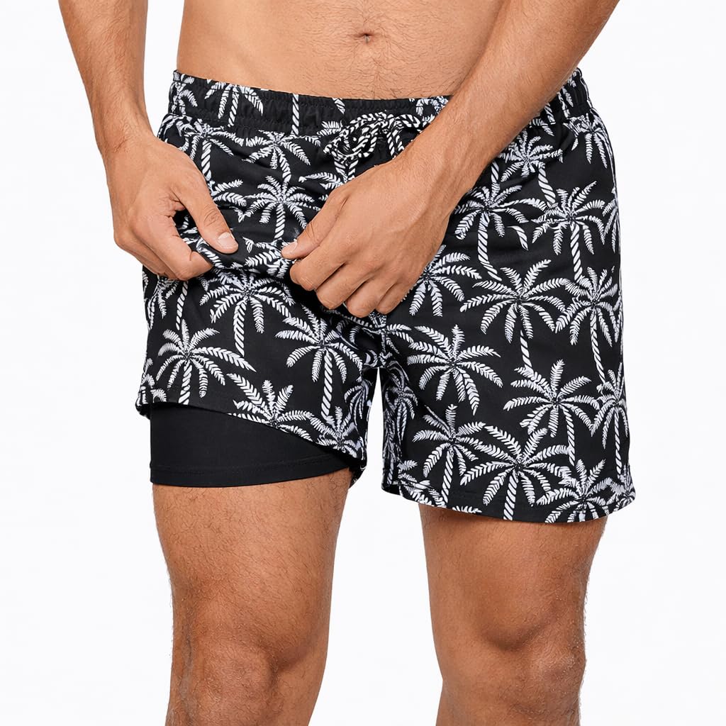 INGEAR Men's Athletic Stretch Workout Shorts Gym Quick Dry Running Trunks Boxer Lining, Rope Palms, Large