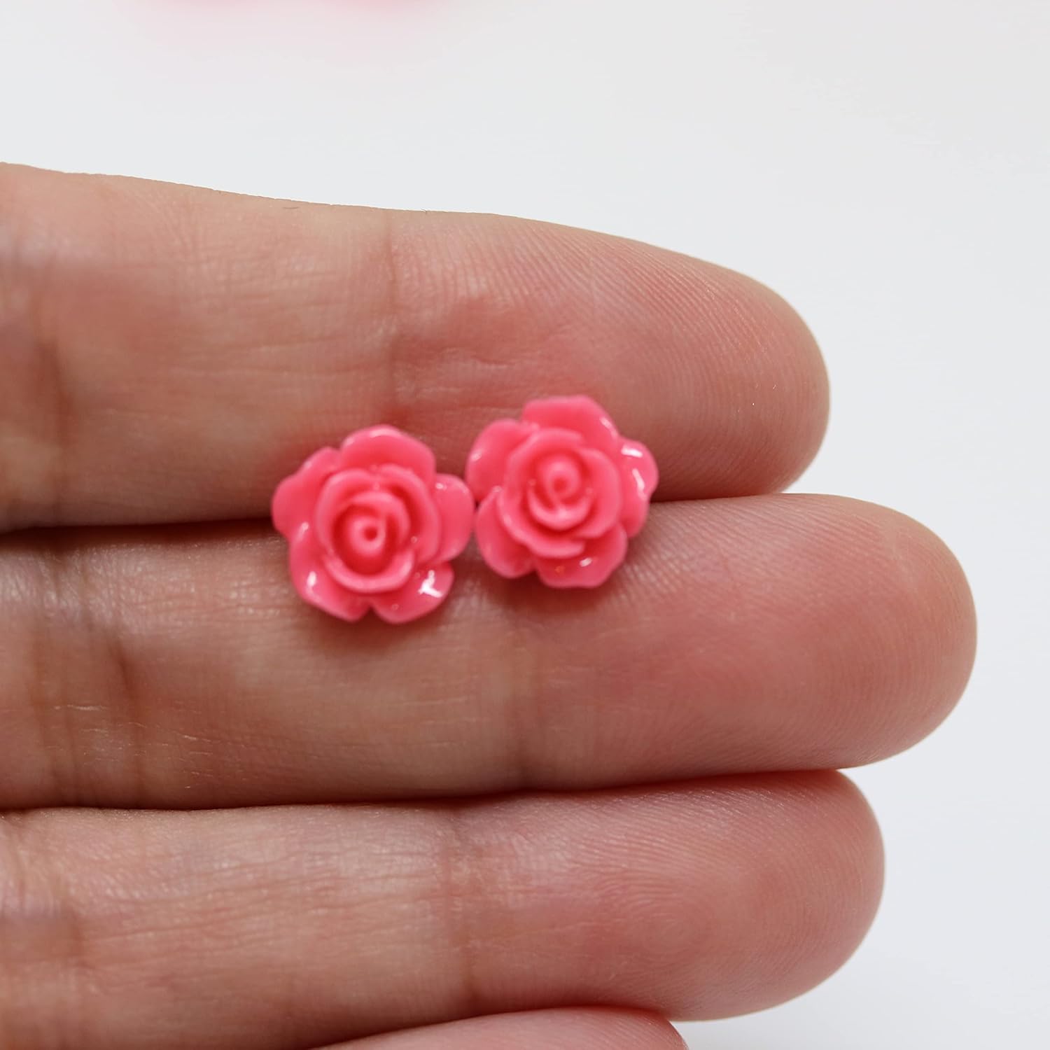 Titanium Post Rose Earrings Hypoallergenic (10mm, Coral Pink) - Image 4
