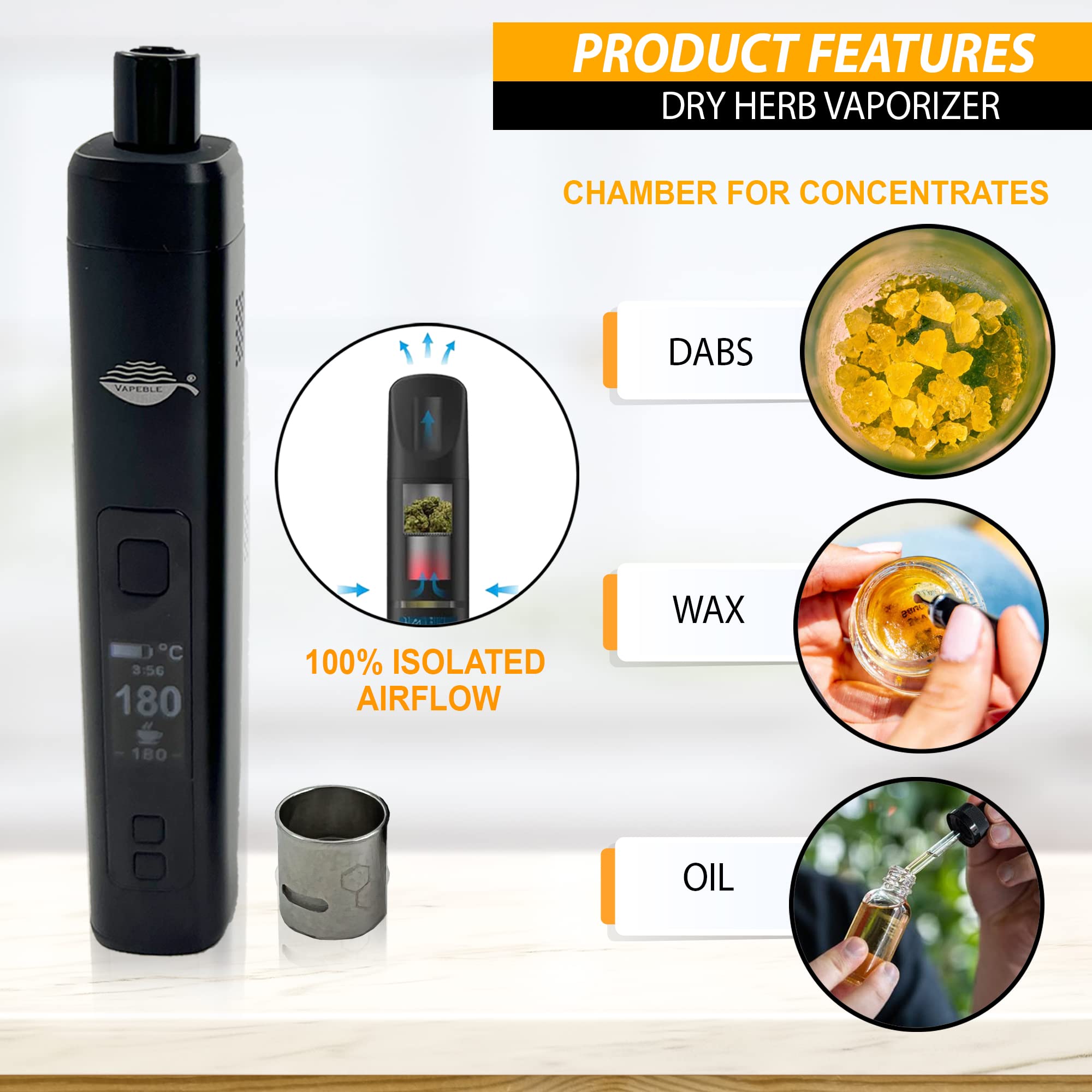 Vaporizer Vapeble moderner Konvektion Verdampfer Glasmundstück, Metallgehäuse wechselbare 3200 mah Batterie, OLED Display stufenloser Temperaturreglung - Verdampft Kräuter, Harze Öle - Kein Nikotin