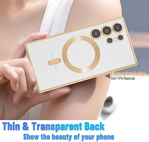 Miniatura 2 de Funda magnética para Samsung Galaxy S23 Ultra, borde galvanizado, parte trasera transparente, funda protectora delgada con protección de cámara,