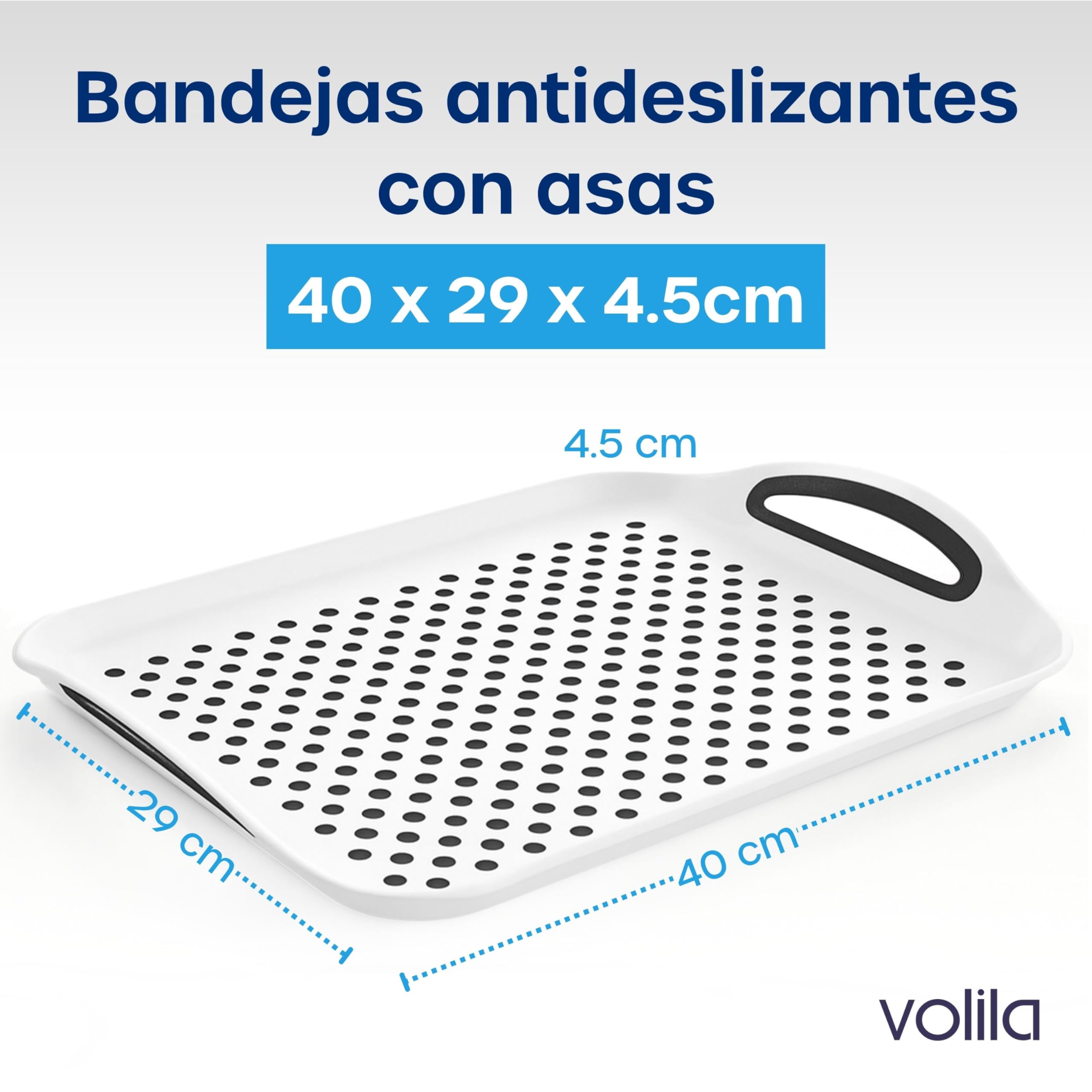 volila Bandeja antideslizante de plástico antideslizante para comer con asa (41 x 29 x 4,5 cm) - Bandejas de comida para comer, té o café, color blanco