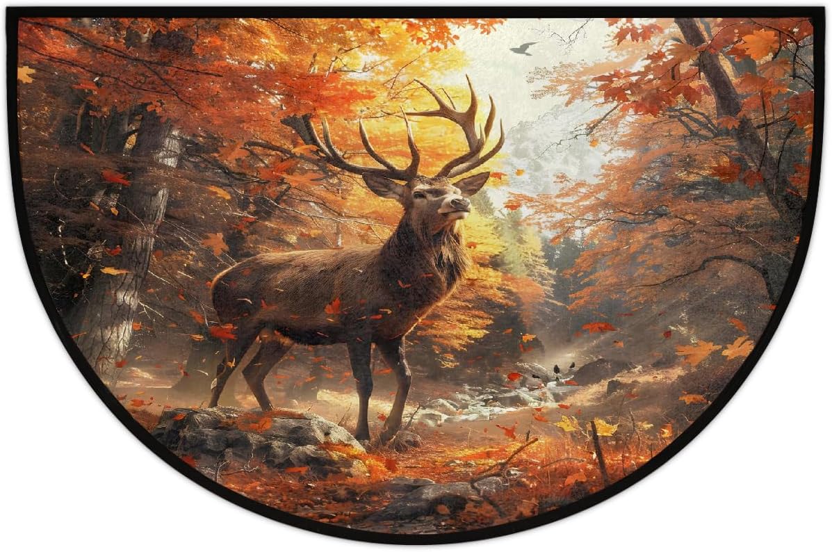 Half Round Door Mat Deer Fall Forest Non Slip Absorbent Semi Circle Area Rugs Washable Half Moon Floor Mats for Indoor Outdoor Patio Kitchen Bathroom Entryway Fireplace Home Carpet Decor