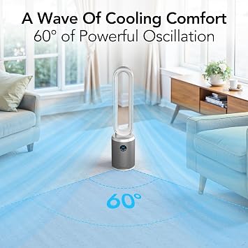 Comfort Zone 40-Inch Bladeless Tower Fan for Bedroom Quiet Standing Fan with Remote Control, 9H Timer & Wide Area Oscillation Turbocharged Airflow & Digital LED Display Silver