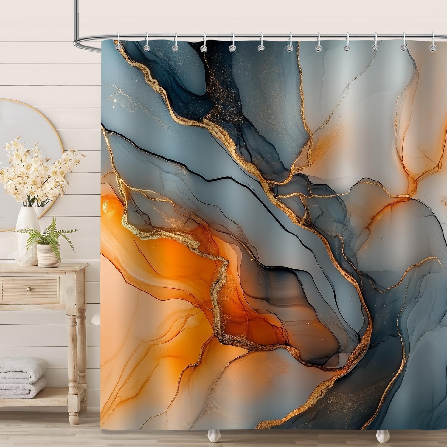 Moonslim Black Gold Marble Shower Curtains, Orange Grey Abstract Marble Shower Curtain, Modern Fabric Bath Curtain for Bathroom Decor Waterproof Cloth with Hooks 72X78 Inch