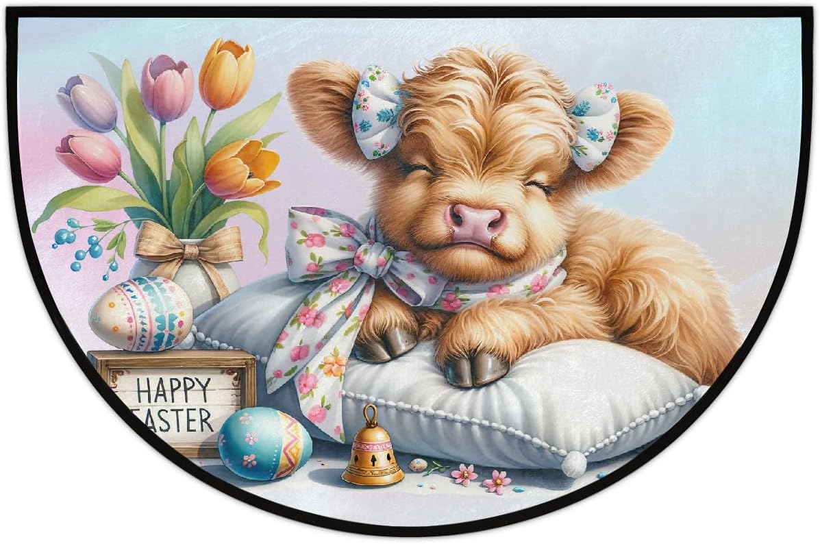Half Round Doormat Cow Easter Festival Washable Semi Circle Area Rug Non Slip Absorbent Half Moon Rug for Indoor Outdoor Bathroom Kitchen Patio Front Welcome Fireplace Hearth Floor Mat