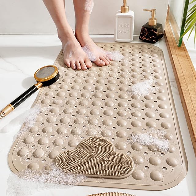 Non Slip Bath Mat Shower Mats with Feet Massage, Eco-Friendly PVC Anti Mould Bathroom Bathtub Mat Floor Massage Bathroom Mat with Suction Cups & Drainage Hole Khaki 16" x 28"/40 x 70cm