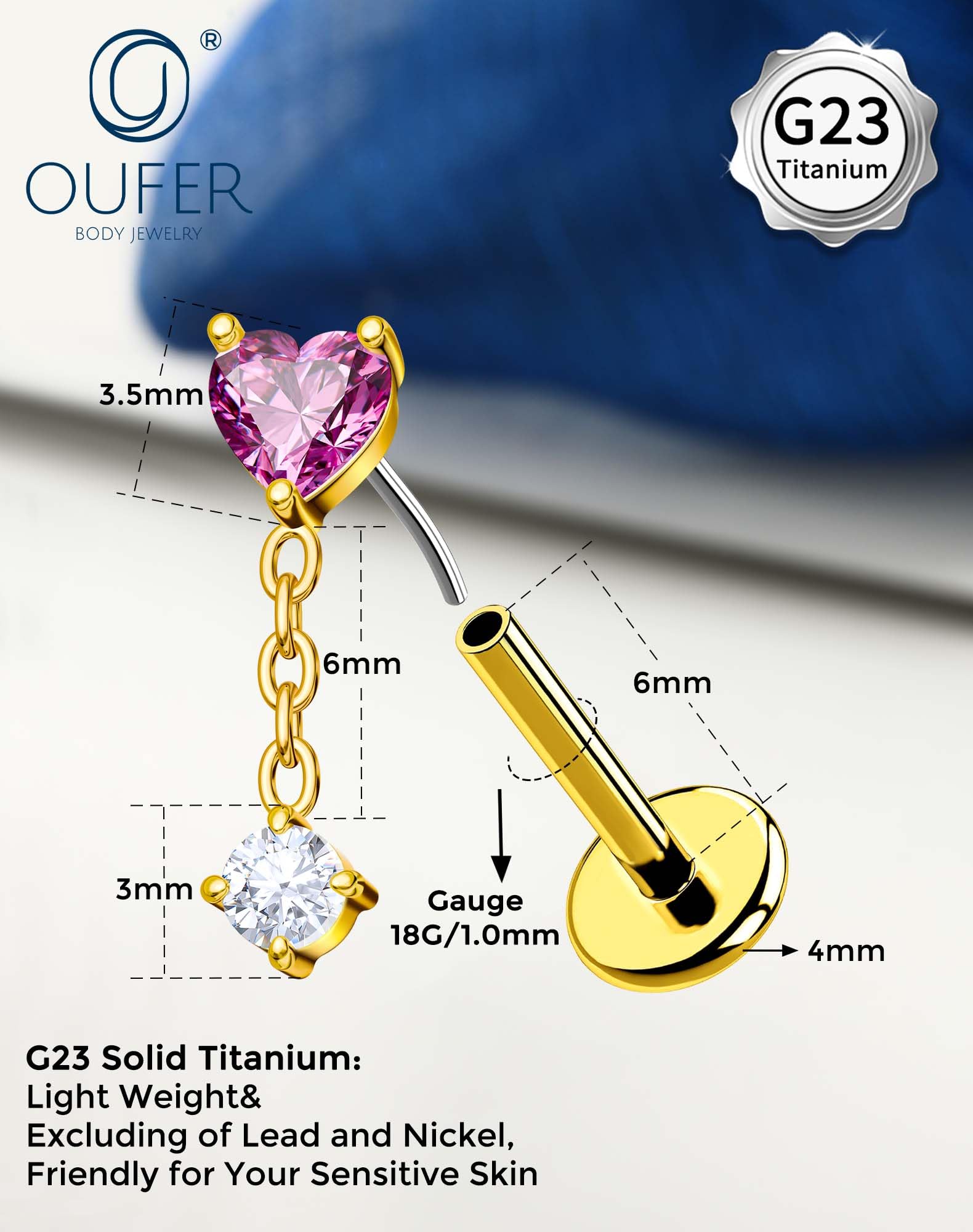 OUFER Body Piercing Labret Stud: 18G Threadless Titanium Heart CZ Labret Piercing Jewelry for Women 6mm Bar Gold/Silver Cartilage Tragus Helix Earring Lip Piercings — view 2