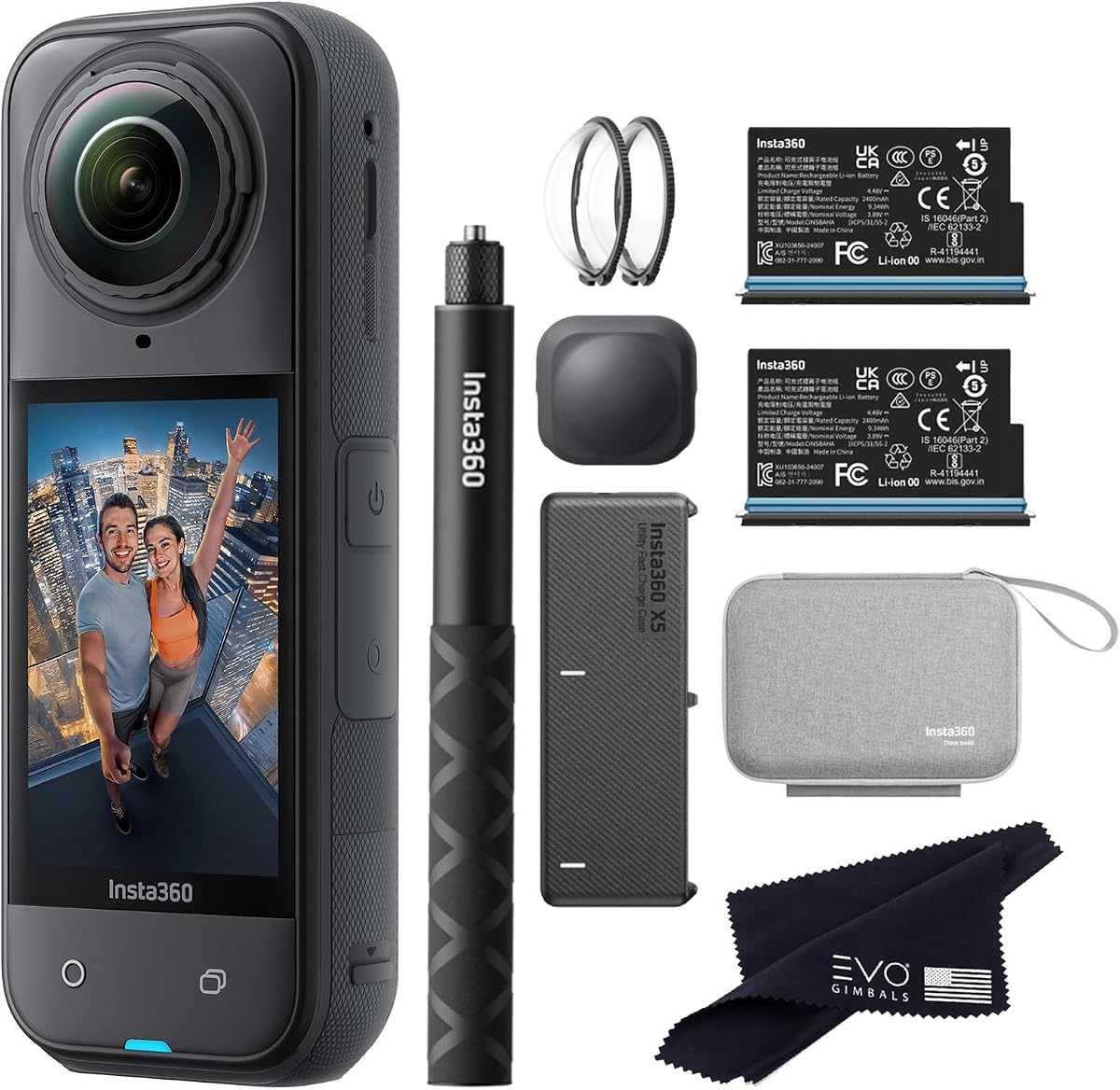 Insta360 X5 Essentials Bundle-Cámara de acción 360 resistente al agua 8K|El paquete incluye palo selfie, batería adicional, estuche de carga rápida, protectores de lente estándar, tapa de lente, estuche de transporte (sin tarjeta)