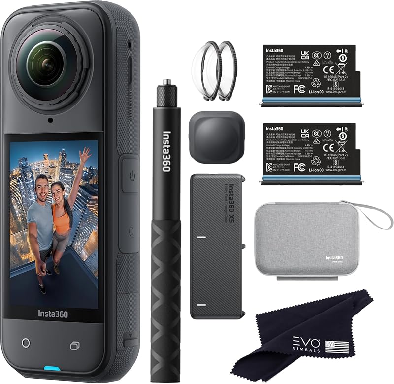 Insta360 X5 Essentials Bundle-Cámara de acción 360 resistente al agua 8K|El paquete incluye palo selfie, batería adicional, estuche de carga rápida, protectores de lente estándar, tapa de lente, estuche de transporte (sin tarjeta)