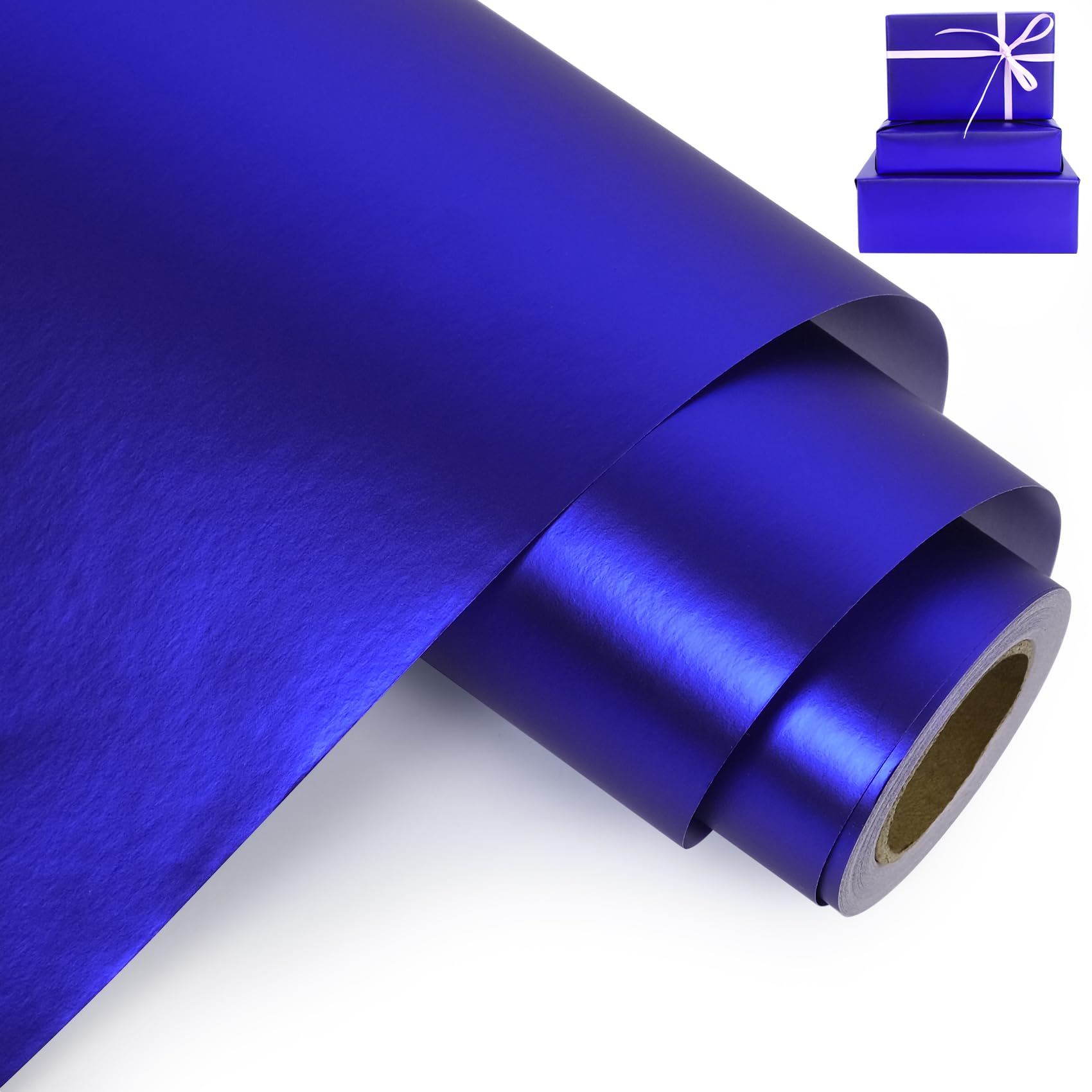 Aimyoo Blue Metallic Wrapping Paper Roll - 17 Inches X 32.8 Feet, Matte Solid Blue Color Paper for Birthday, Christmas, Wedding, Baby Shower, Holiday, Bridal Shower
