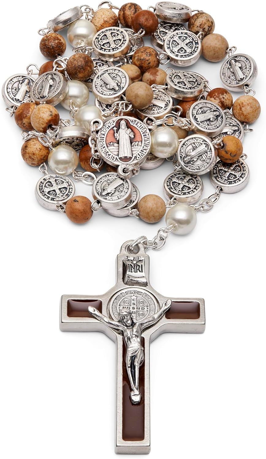 Mondo Cattolico Rosary Beads, Our Father Pearl Beads Round Enameled St. Benedict Centerpiece and Crucifix - Rosarios Catolicos Rosary Beads Necklace in Paesina Stone.