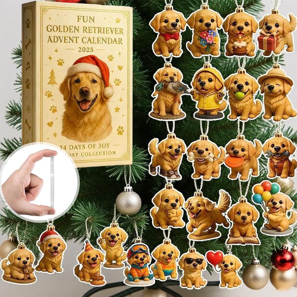 Divertente calendario dell'avvento 2025 con Golden Retriever, set regalo a tema cuccioli, conto alla rovescia per Natale da 24 giorni, con decorazioni 2D in acrilico per gli amanti degli animali