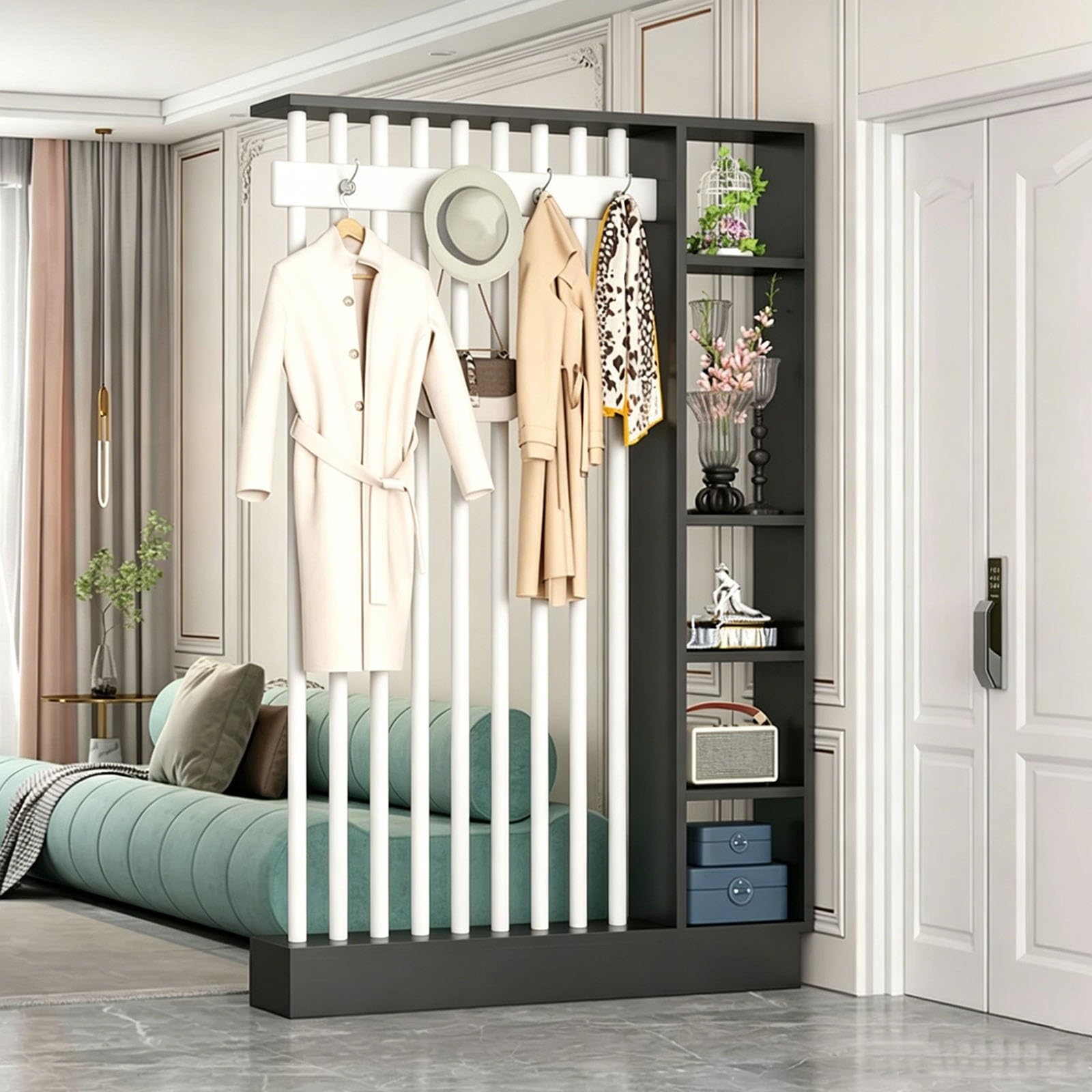 Multi-Functional Entry Hall Storage Rack Wood Room Divider Screen,room divider with shelves,Freestanding Privacy Partition with Coat Rack and Display Shelf for Home Office(Black+White,120cm/47.2'')