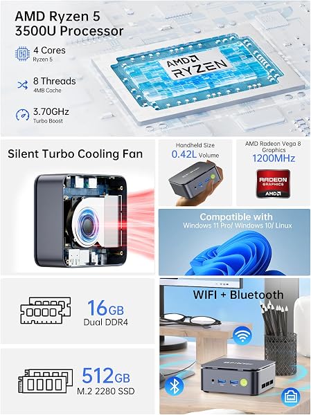 GMKtec AMD Ryzen 5 W11 Pro 3500U Mini PC (Better Than 4300U/N150/N100/N95 4C/8T 4.50GHz), G10 Mini Computer, 16GB DDR4 RAM + 512GB PCIe 3.0 x4 SSD, Wi-Fi 5/USB 3.0 2/USB-C/BT 5.0 - 2