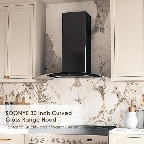 Miniatura 6 de Campana extractora negra de 30 pulgadas para montar en la pared con 450 CFM, acero inoxidable convertible sin ductosconductos con 3 controles de