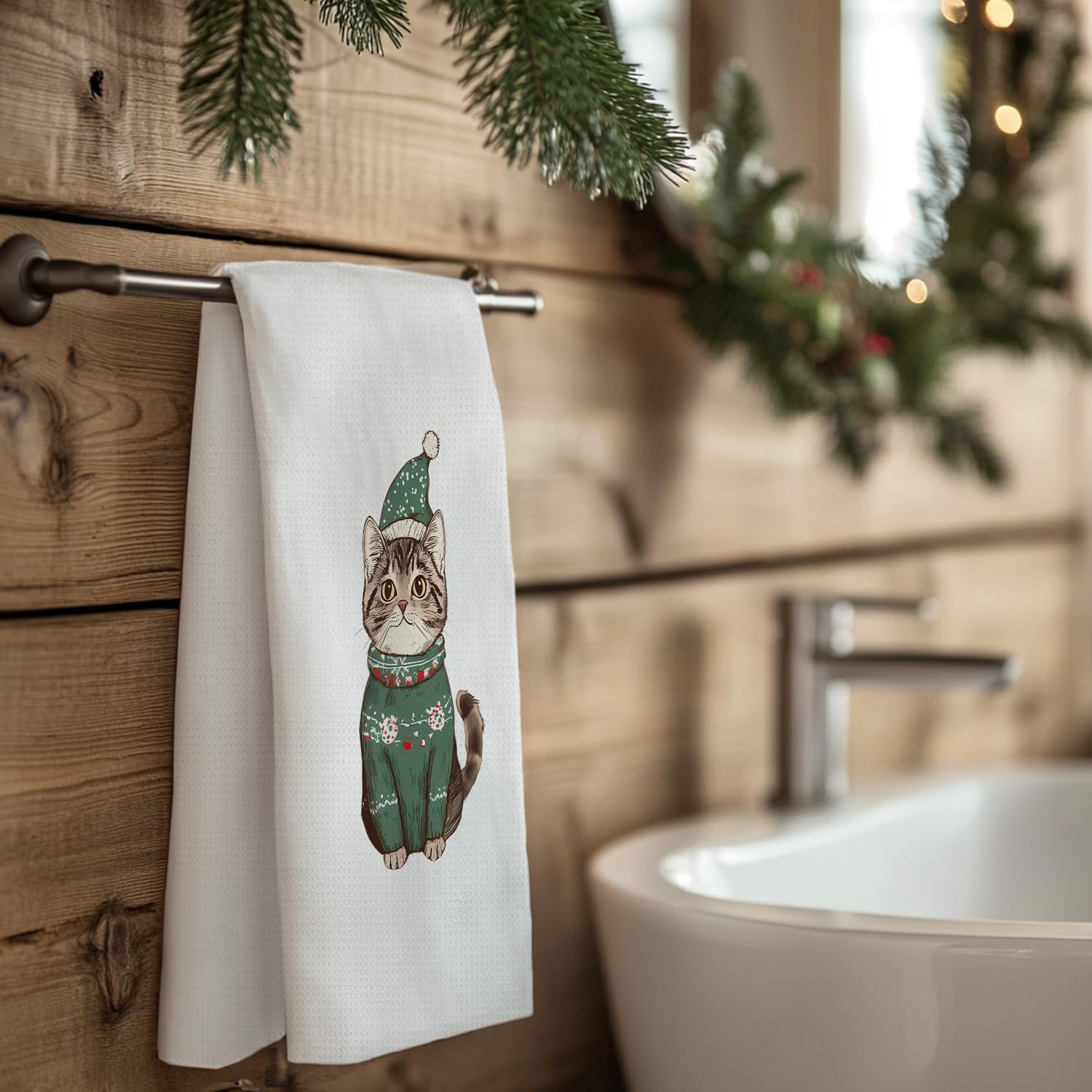 Christmas Cat Kitchen Towels, Cat Christmas Decor, Cats Mom Dad Lovers Gifts, Cozy Winter Xmas Cute Kitten Decorative Hand Towels for Bathroom Kitchen, 16x24 Inch Set of 4
