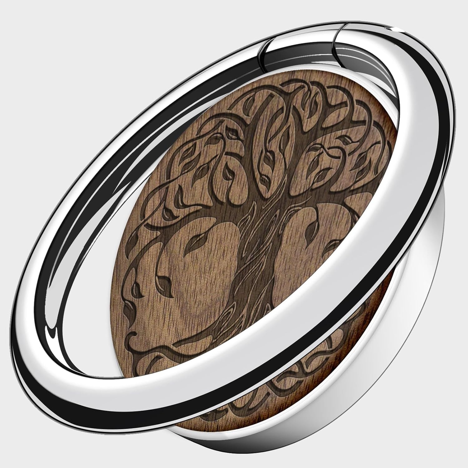 Carveit Wooden Cell Phone Ring Holder Finger Stand Grip Hook Phone Kickstand Compatible with Galaxy S24 Ultra S23 iPhone 16 Pro Max 13 14 15 Pixel 9-Walnut/Silver/Tree of Life [1 Pack]