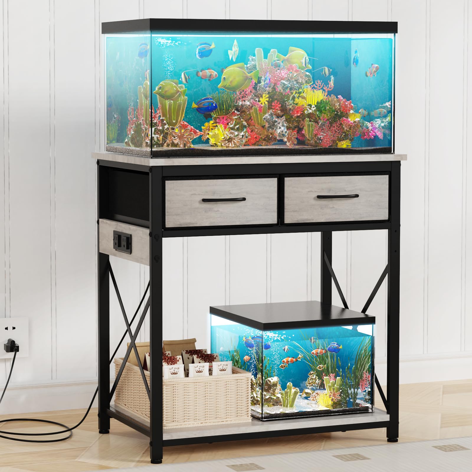 TFK Soporte para pecera de 20-29-37 galones con toma de corriente, soporte de metal resistente para acuario con dos cajones de almacenamiento para almacenamiento de accesorios de pecera, perfecto para