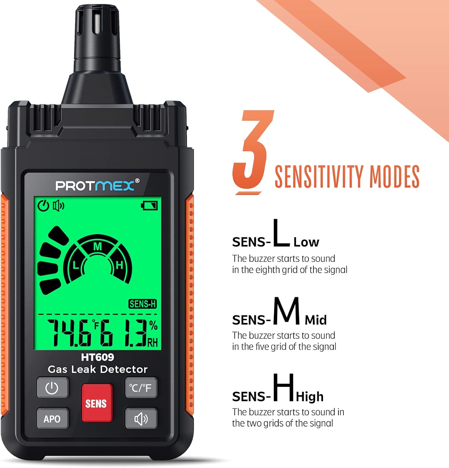 Diagram illustrating the three sensitivity modes (Low, Medium, High) and their corresponding buzzer activation points on the signal bar graph.