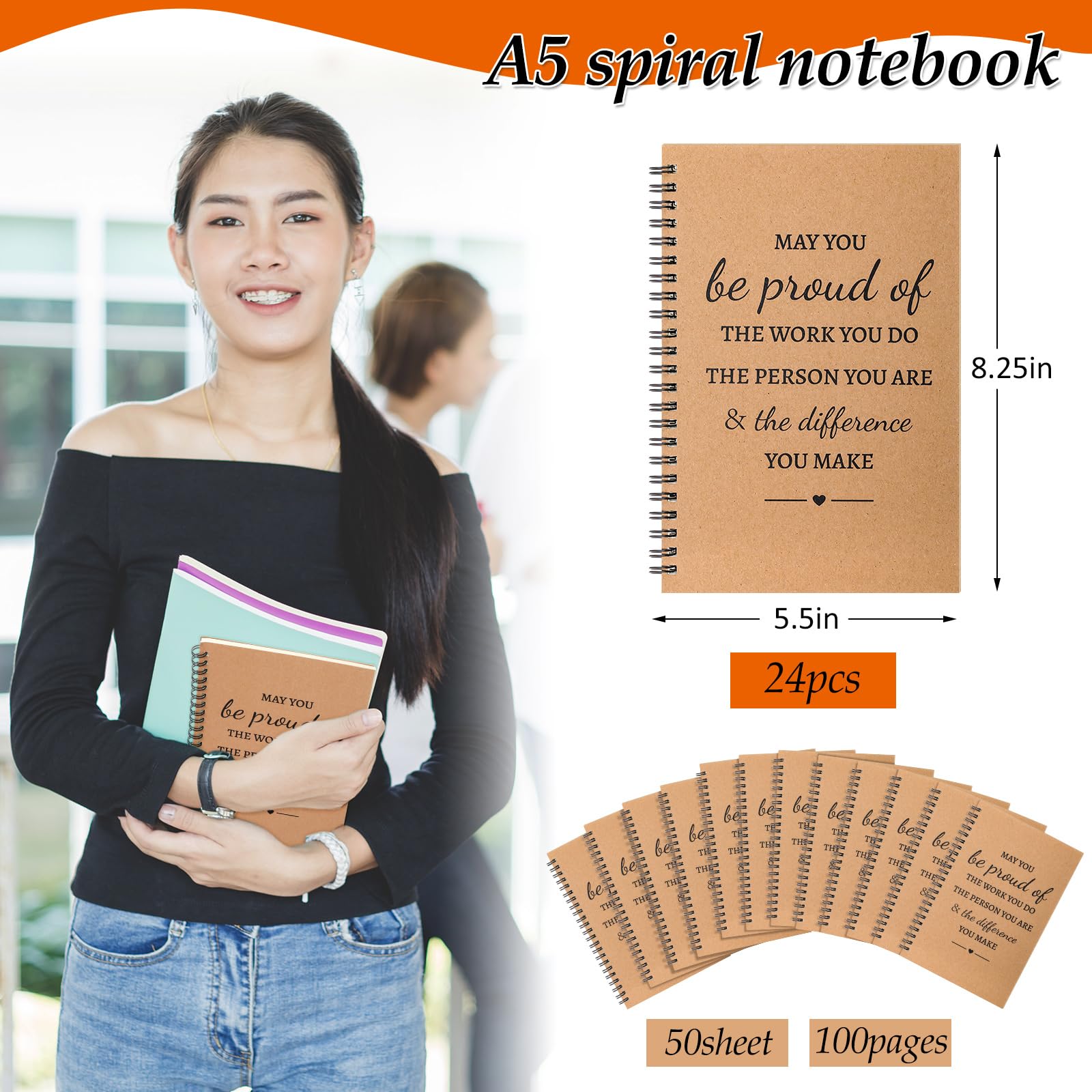 Colarr Lot de 24 carnets à spirale inspirants A5 - Cadeau de remerciement - 15,2 x 20,3 cm - 100 pages/50 feuilles lignées - Journal ligné pour employé, collègue, enseignant, infirmière (marron)