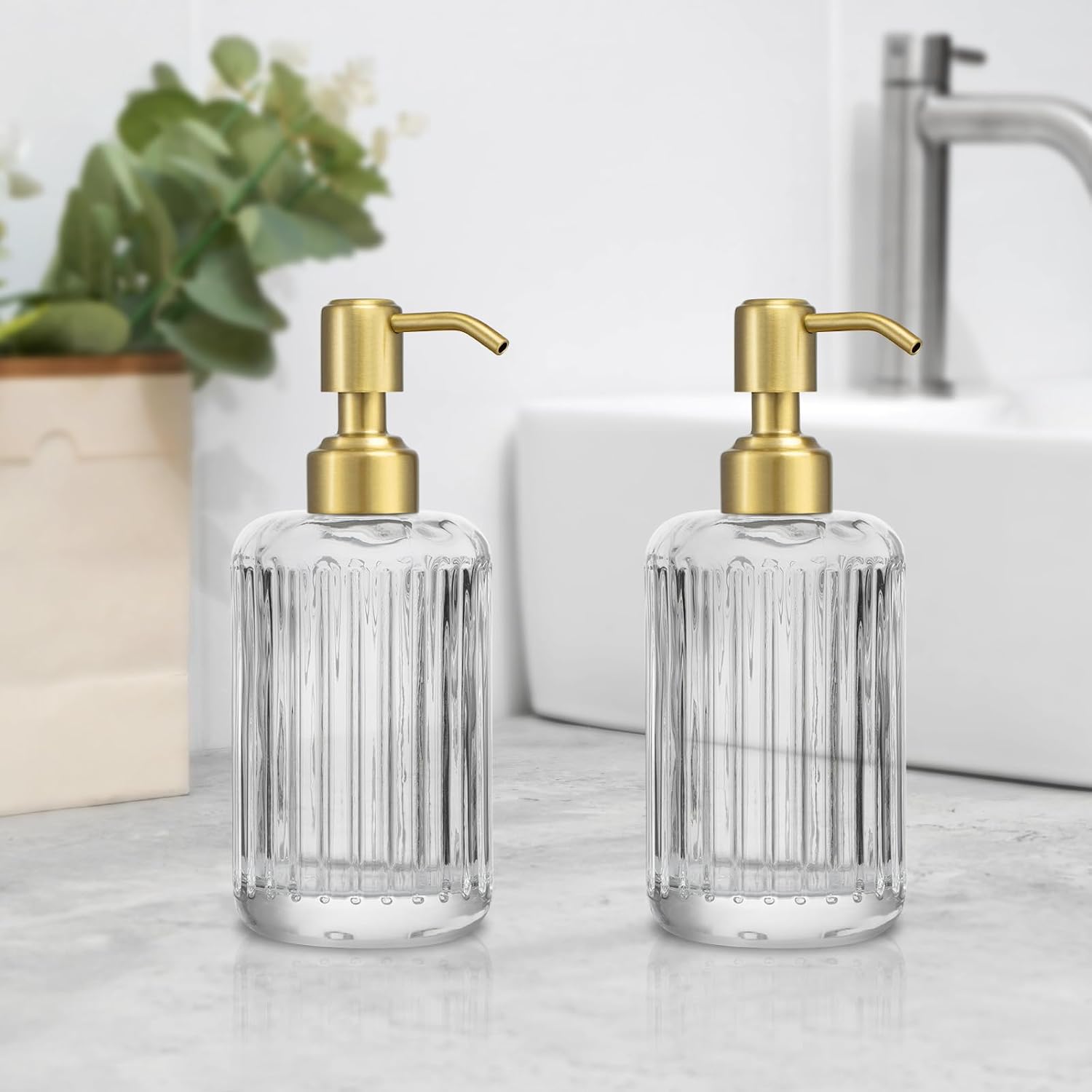 2 Pack Brushed Gold 304 Stainless Steel Soap Dispenser Pump Replacement Standard 28/400 Thread for Liquid Soap Lotion Dish Soap Kitchen Bathroom Use