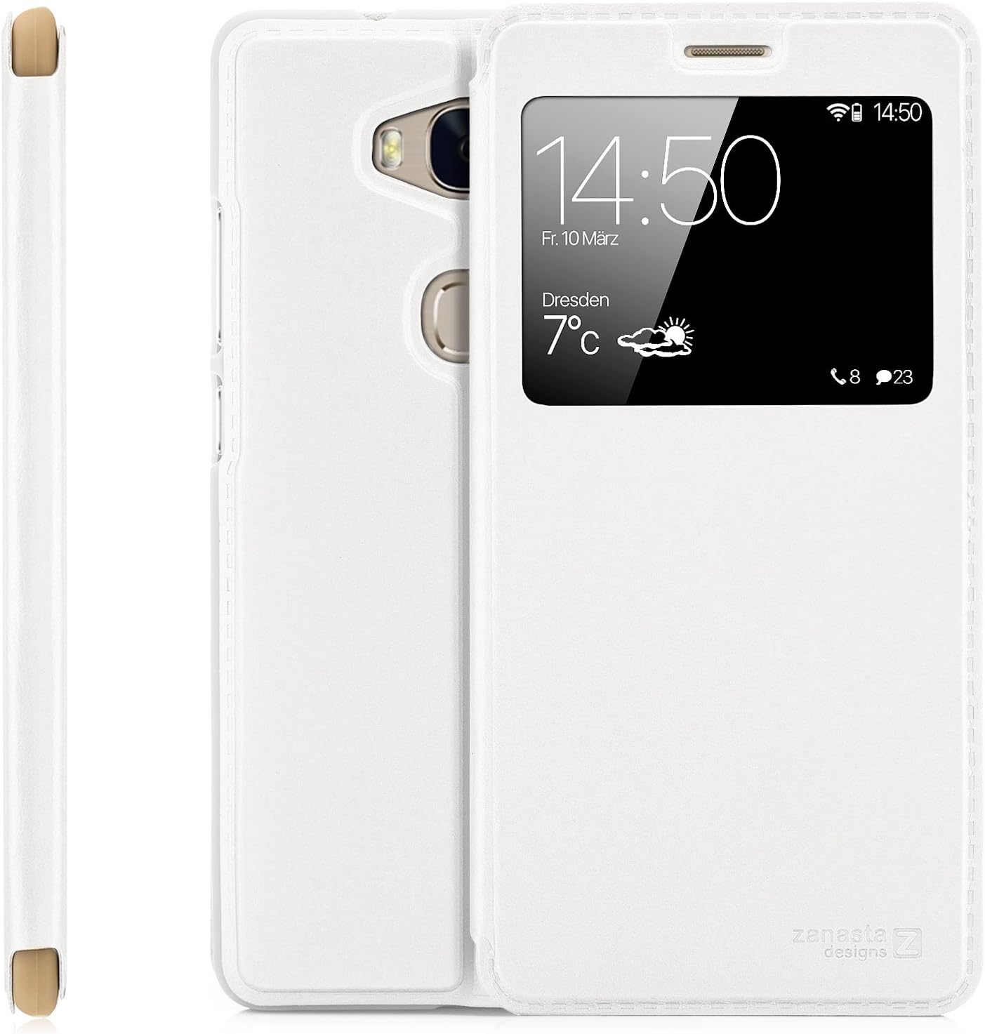 Huawei Mate S (CRR-L09) Case Protector Flip Cover [Zanasta Designs] Phone Wallet / View Flip Case with Window, Premium [Slim Profile] White