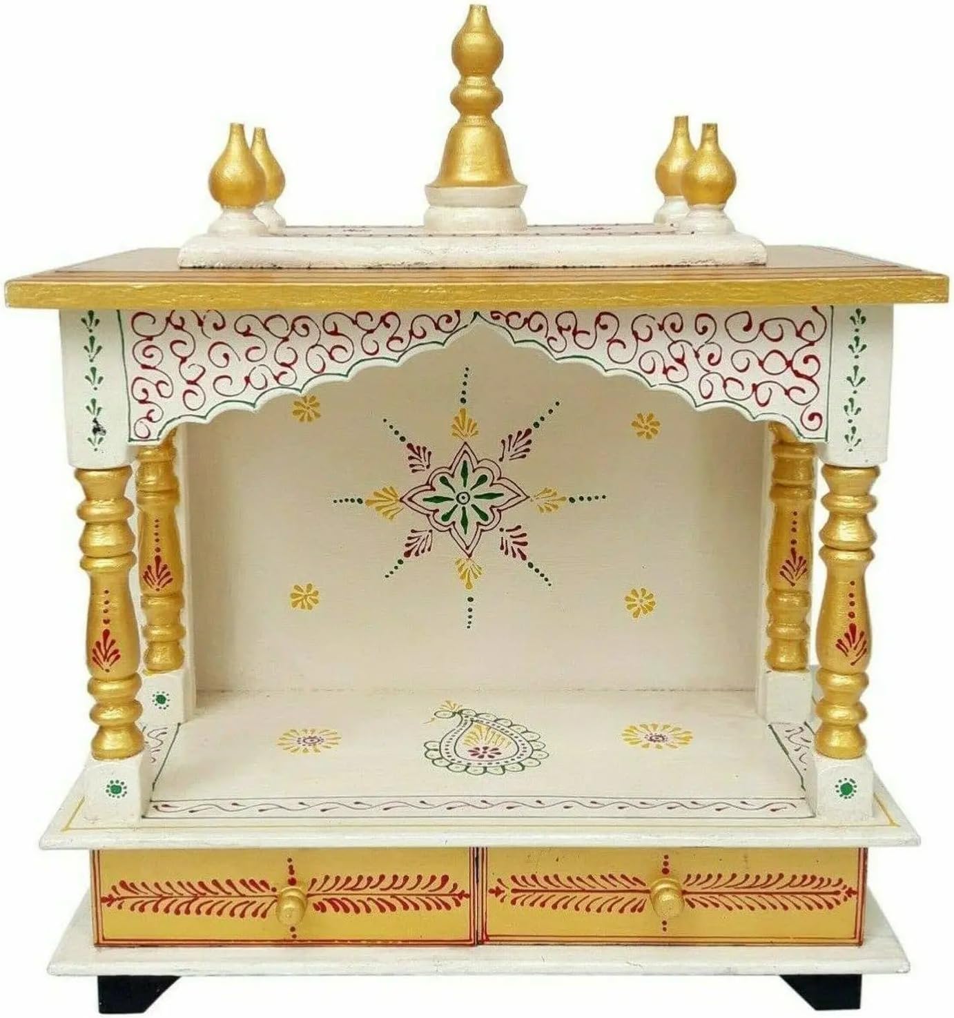 Wooden Hindu Temple Mandir, Hand-Painted White and Gold, Traditional Style, with Storage Drawers