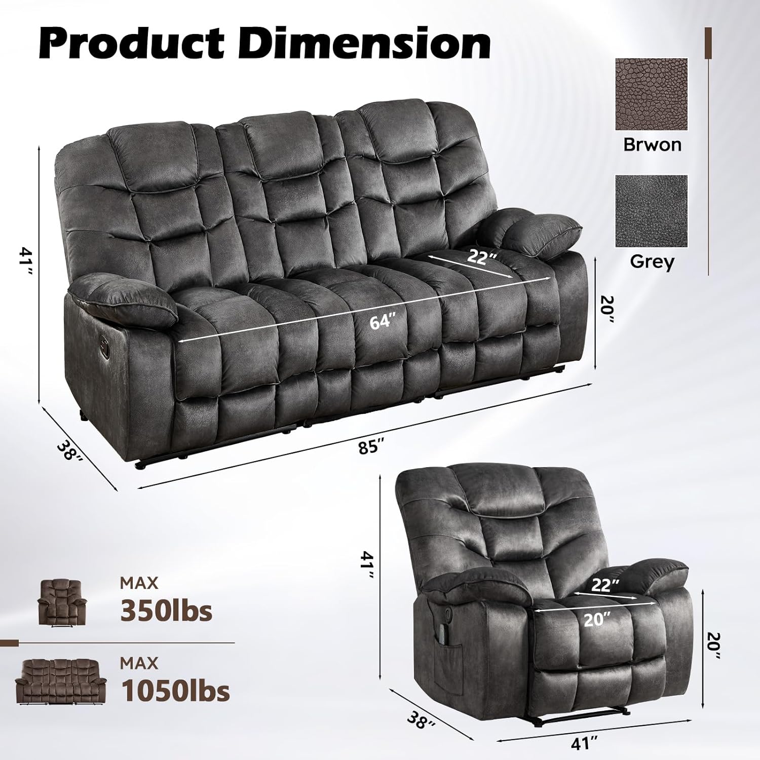 2-Piece Recliner Sofa Couch Set, Include Single Power Electric Recliner Chair with Massage& Heat and 3 Seat Manual Reclining Sofa for Living Room Bedroom, Grey